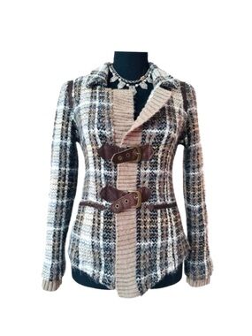 FREE PEOPLE ~ Brown Plaid Knit/Tweed Shacket with Buckle Details size 6